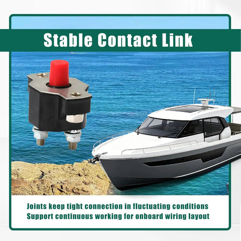 Heavy Duty Push Button Circuit Breaker Replacement Compatible With Mercury Mercruiser Volvo Penta Quicksilver Sierra Marine Applications Straight Fix Works Like A Champ 88-11178A01 mounted on boat with ocean background