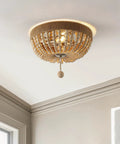 14 Inch Taupe And Polished Nickel Two Light Wood Bead Iron Flush Mount Ceiling Light For Farmhouse Boho Style installed in room