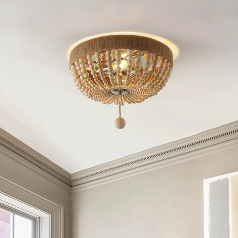 14 Inch Taupe And Polished Nickel Two Light Wood Bead Iron Flush Mount Ceiling Light For Farmhouse Boho Style installed in room