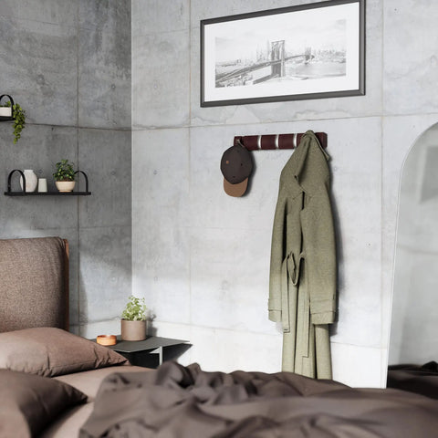 Flip Wall Mounted Coat Rack With Retractable Five Hooks Space Saving Organizer in bedroom with coat and hat hanging