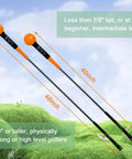 Two orange-headed golf swing training aids, 40-inch and 48-inch, on grass with size recommendations for height and skill level.
