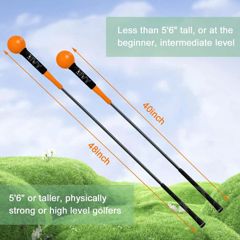 Two orange-headed golf swing training aids, 40-inch and 48-inch, on grass with size recommendations for height and skill level.
