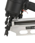 Closeup of AeroPro 9021N/NS 21 Degree Framing Nailer With Depth Adjustment, open nose for jam-free clearance, metal detail view.