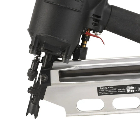 Closeup of AeroPro 9021N/NS 21 Degree Framing Nailer With Depth Adjustment, open nose for jam-free clearance, metal detail view.