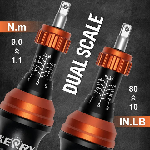 Heavy Duty Quarter Inch Drive Torque Screwdriver Set With 10 To 80 In Lb Range And 34 Bit Kit S2 Steel Standard Phillips Slotted Torx And Hex Bits Quick Change Adapter For Precise Maintenance Tasks, torque scale close-up