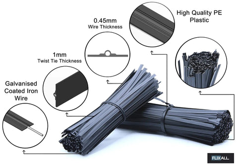 Image showing details of 5 Inch Twist Ties Pack Of 100 Black Plastic Coated Reusable Tie Wraps For Bags, Cords, Wires, And Garden Projects Premium Bread Bag Ties For Home Organization, highlighting material and construction.