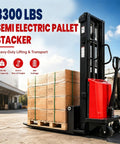 Heavy Duty Semi Electric Pallet Stacker Delivering 3300 Lbs Capacity High Lift Industrial Warehouse Jack front view with boxes.