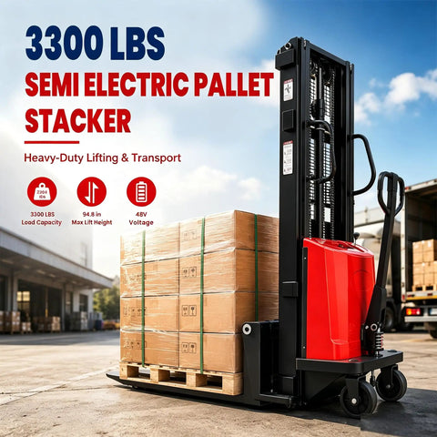 Badass 3300 Lbs Semi Electric Pallet Stacker With 95 Inch Max Lift Height And Heavy Duty Steel Chassis, loaded with boxes.
