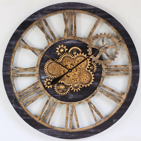 36 Inch Oversized Wall Clock With Real Moving Gears Vintage Industrial Decor Rustic Farmhouse Accent Piece Black Wood Bronze Finish close-up