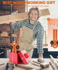 Thin Rip Jig table saw guide, front view, orange with black knobs and ruler in a woodworking shop.