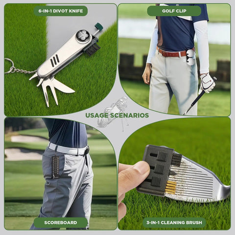 Usage scenarios of Pro Grade Golf Accessories Set With High End PU Case, showcasing divot knife, cleaning brush, golf clip, scoreboard.