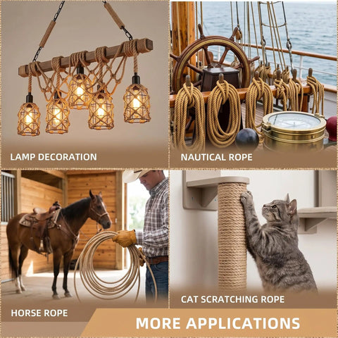 Heavy Duty Half Inch Jute Rope 25 Feet For DIY Cat Scratching Posts Hammocks Nautical Decor And Home Projects Tight Four Strand Twist Strong 880 Lb Working Load shown in various applications including nautical, cat scratching, and lamp decor.
