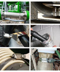 Collage showing various uses of 304 Stainless Steel Duct Clamps 20 Pack Adjustable Hose Clamps for Air Ducting 3.5 to 4.5 Inch