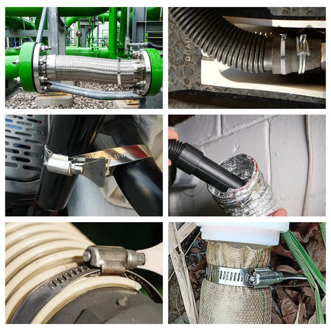 Collage showing various uses of 304 Stainless Steel Duct Clamps 20 Pack Adjustable Hose Clamps for Air Ducting 3.5 to 4.5 Inch