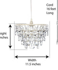 Plug In Crystal White Dome Chandelier With Five Tiers Of Clear Acrylic Crystals, White Metal Frame, 10 By 11.5 Inch Size, Easy Wall Outlet Pendant For Nursery, Bedroom, Bathroom, Hallway Or Event Decor displayed with dimensions and cord length.