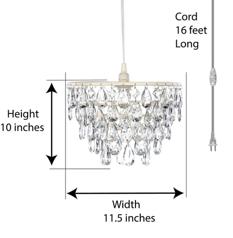 Plug In Crystal White Dome Chandelier With Five Tiers Of Clear Acrylic Crystals, White Metal Frame, 10 By 11.5 Inch Size, Easy Wall Outlet Pendant For Nursery, Bedroom, Bathroom, Hallway Or Event Decor displayed with dimensions and cord length.