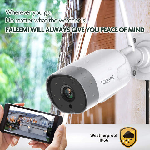 Mounted Outdoor WiFi Security Cam 1080p With Night Vision And Motion Detection, viewed on smartphone, against rainy backdrop