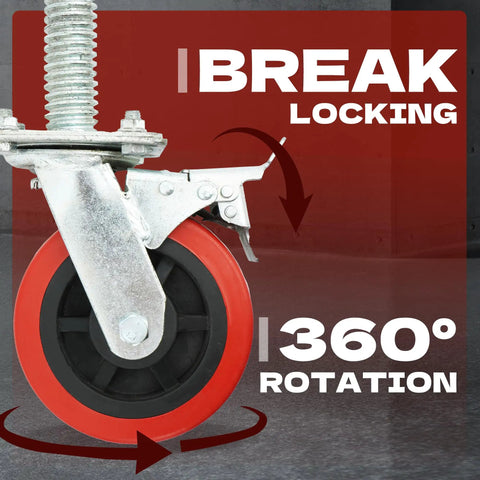 Tough As Nails 6 Inch Scaffolding Caster Wheels With Reliable Brake And Easy Adjustable Leveling Jacks 12 Inch Galvanized Screw Non Marking Rubber Tires 4 Pack with locking brake and 360-degree rotation.