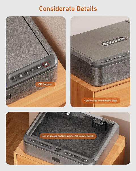 Biometric Gun Safe For Handgun With Four Quick Access Options Fingerprint Scan Full Digital Keypad Backup Key And Phone App Lock detail