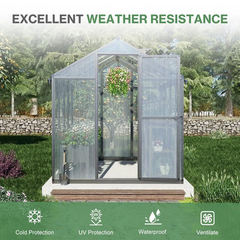 Walk In Greenhouse With Gutter And Polycarbonate Panels, Heavy Duty Aluminum Frame, Adjustable Skylight, Lockable Two Sided Door, 6 X 8 Ft, For Patio Outdoor Yard Lawn Use, Black