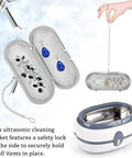 Two Pack Heavy Duty Stainless Steel Ultrasonic Cleaner Baskets showcasing jewelry, safety lock detail, rust-proof design, 4.3 x 1.96 inches.