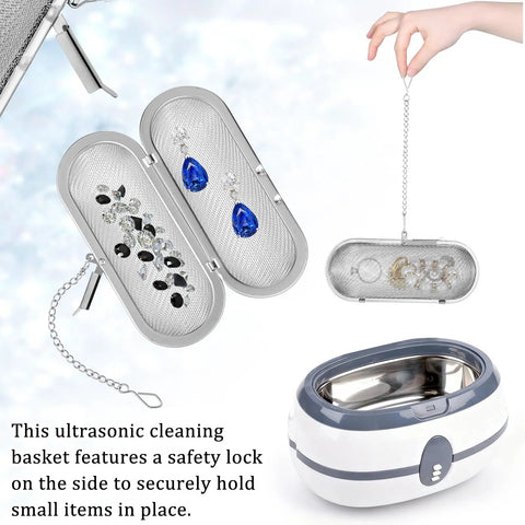 Two Pack Heavy Duty Stainless Steel Ultrasonic Cleaner Baskets showcasing jewelry, safety lock detail, rust-proof design, 4.3 x 1.96 inches.