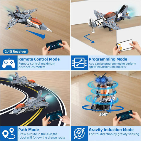 5 in 1 STEM RC Robot Building Kit with 2.4GHz remote and app control modes, showing fighter jet and robot transformation options