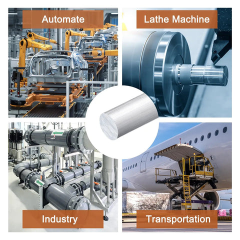 Collage showing uses of Heavy Duty Aluminum Round Rod 22mm Diameter 305mm Length 6061 Aluminum Bar Stock in industry and automation