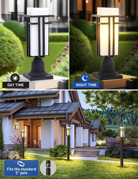 Weatherproof Outdoor Post Lights With Metal Frame And Milk White Frosted Glass Pier Mount on garden post in day and night.