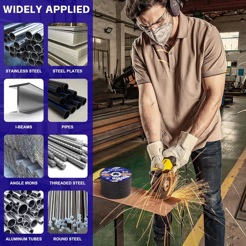 Man using 4-1/2 Inch Cut Off Wheels Kit, 100 Pack For Angle Grinders, Metal And Stainless Steel Cutting Discs, 0.045 Inch Thick