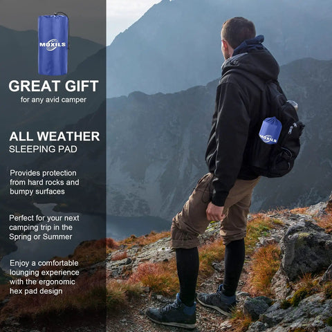 Ultralight Sleeping Pad With Built-In Pump For Camping And Hiking, blue pad in carry bag on hiker's backpack