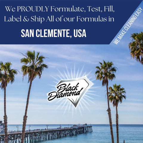 Image of San Clemente pier with logo and text stating products formulated in San Clemente, USA, with palm trees and ocean view.