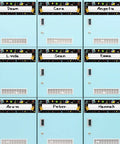 Light blue lockers with 60 Piece Science Desk Name Plates For Classroom And Lab Use, Multipurpose Student Name Tags displayed on doors.