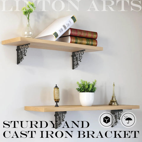 Badass Octopus Cast Iron Shelf Brackets 2 Pack, 5.18 Inch decorative L brackets supporting wooden floating shelves.