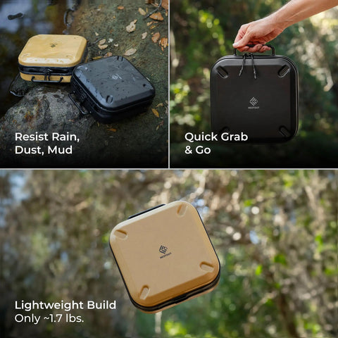Nestout Gear Storage Case Lightweight Hard Shell Water Resistant Zippers Stackable Organizer outdoors in use.