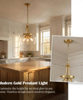 Modern gold pendant light hanging in kitchen with elegant design, featuring adjustable chain and clear glass shade over island.