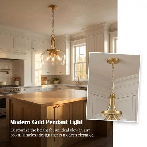 Modern gold pendant light hanging in kitchen with elegant design, featuring adjustable chain and clear glass shade over island.