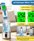 Top Tier Slick Digital Water Tester Meter With Huge Lcd Screen For Hydrogen Ph Orp Tds Ec Plus Salt Testing Dead Simple Results, measuring water pH and hydrogen levels in clear glass.