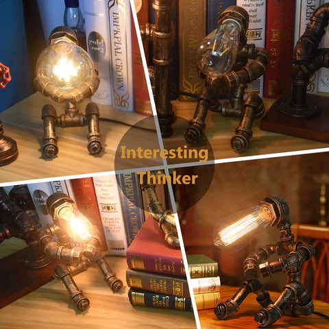 Dope Steampunk Table Lamp with Vintage Industrial Metal Robot Design beside books on wooden desk