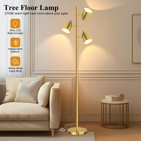 Three Arm Floor Lamp With 360 Degree Adjustable Reading Arms In Brushed Gold Tall Pole Standing Lamp near sofa
