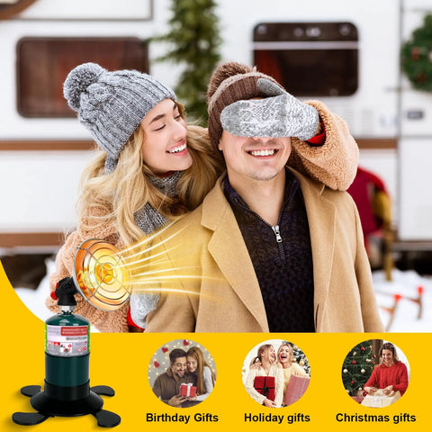 Couple outdoors enjoying warmth from Portable Propane Heater For Outdoors, Cordless Radiant Camp Heater With Foldable Tank Holder