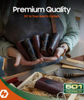Person holding leather crafting tools and materials suitable for Upgraded 15mm Leather Snaps And Fasteners Kit use.