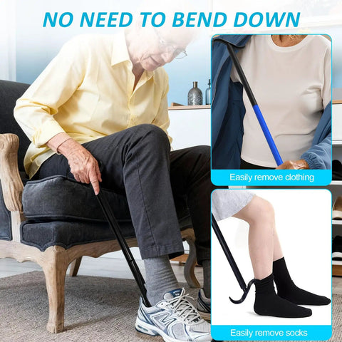 Senior Daily Living Assist Kit No Bending Sock Aid in use by elderly person for putting on shoes independently