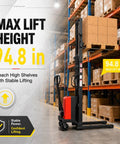 Heavy Hitting Electric Walkie Pallet Stacker With Strong 1.6 Kw Motor Plus Steel Frame Boasting Two Thousand Two Hundred Four Pound Capacity And Ninety Eight Inch Lift Height For Dock To Rack Yard Work next to high shelves in a warehouse.