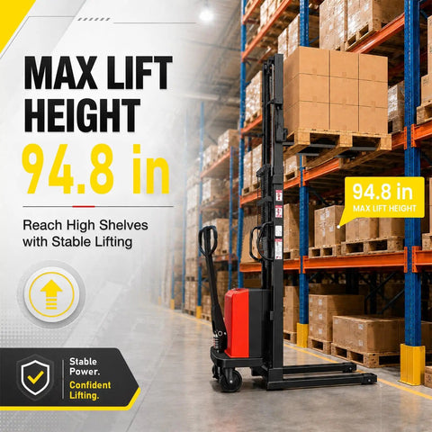 Heavy Hitting Electric Walkie Pallet Stacker With Strong 1.6 Kw Motor Plus Steel Frame Boasting Two Thousand Two Hundred Four Pound Capacity And Ninety Eight Inch Lift Height For Dock To Rack Yard Work next to high shelves in a warehouse.
