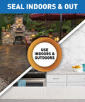 Image showing outdoor stone patio and indoor kitchen surfaces sealed with Advanced Penetrating Stone Grout Tile And Countertop Sealer Blocks Water Stains And Slipping Hazards With A No Hassle Tough As Nails Formula Inside A Gallon Jug For Easy Home Upkeep.