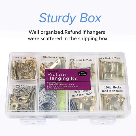 Heavy Duty Picture Hanging Kit With 225 Pieces Of Frame Hooks Nails Hanging Wire Screw Eyes D Rings And Sawtooth Hangers