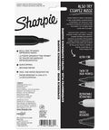 Premium Fine Tip Permanent Markers In Solid Black Pack Of 5 Quick Drying bold ink on packaging with details on features.