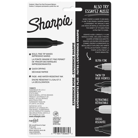 Premium Fine Tip Permanent Markers In Solid Black Pack Of 5 Quick Drying bold ink on packaging with details on features.