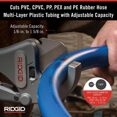 Aluminum Ratchet Action Pipe And Tubing Cutter For Plastic PVC CPVC PP PEX PE And Rubber Hose 1/8 To 1-5/8 Inch With Replaceable X-CEL Quick Change Blade Burr Free Cut And Ergonomic Grips